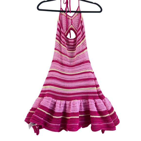 Pink Crochet Halter Mini Dress Open Back Striped Knit Festival Boho Y2K s/m - Picture 7 of 7